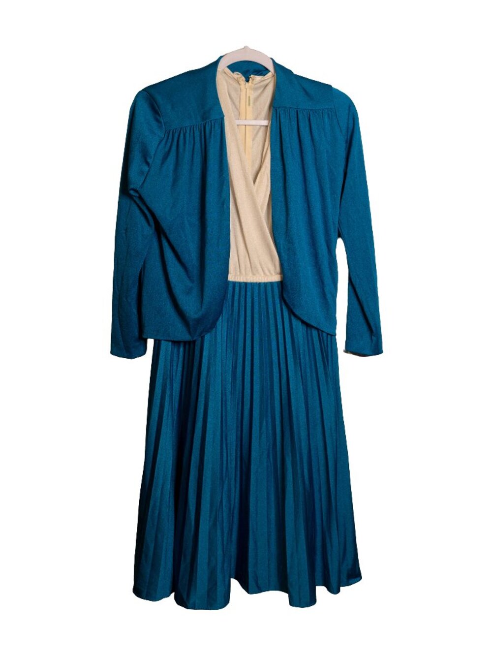 Vintage 60s 70s Champagne/Ivory & Blue Swing Dress & Jacket - US Made - XL